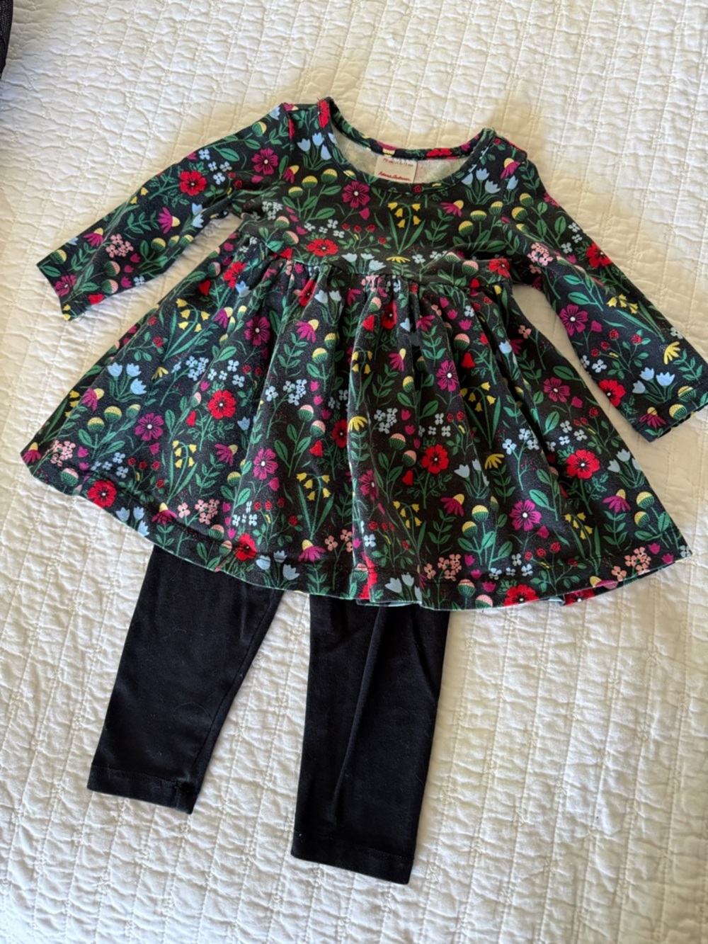 Hanna Andersson Floral Long-Sleeve Skater Dress with Black Leggings